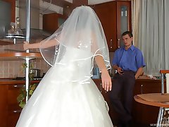 Horny bride in suntan pantyhose going down for fucking right on the floor