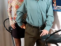 Raunchy babe in elegant stockings spreading guy�s cheeks with her strap-on