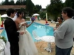 Hot shemale bride listening at her double nature fucking with guy outdoors