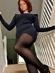 Ellie Rose in a black dress, pantyhose and high heels strips on the stairs