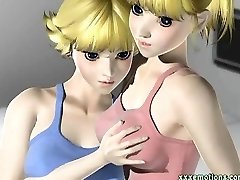 Animated blondes sharing a huge black rod