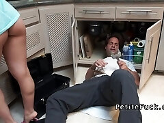 Petite Asian rodes plumbers thick dick in kitchen