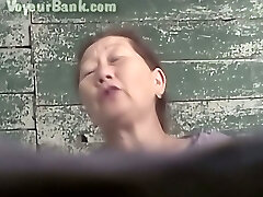 Wooly puss of a mature Asian lady in the public toilet room