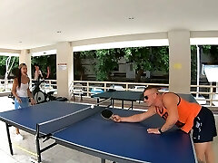 Curvy Thai amateur girlfriend sex in the douche after a game of Ping Pong