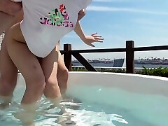 Young Asian chick is fucked in the pool and indoor