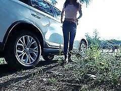 Piss Stop - Urgent Outdoor Roadside Pee and Trouser Snake Sucking by Chinese Girl Tina in Blue Jeans