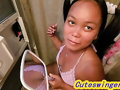 #Im in Pigtails Asian on toilet & loves big cock & guzzling jizz