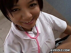 Asian nurse is sucking and titty fucking the chisel