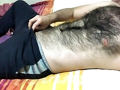 Very hairy man soft lollipop massage and hairy chest touch meaty bulge