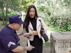 Clothed like a police officer dude finds two foreign girls to have orgy with