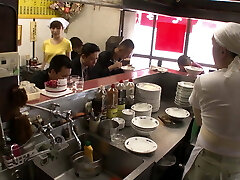 Kitchen maid in Asia Store gets fucked by every man in the Shop
