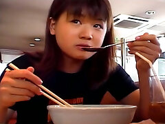 Chubby Asian teenie Mai Mariya makes a perfect leg spit after a lunch