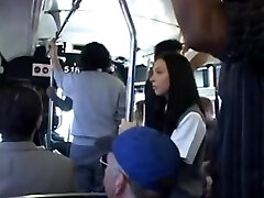 Brunette babe is groped then sploogs on a Japanese bus