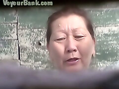 Hairy honeypot of a mature Asian lady in the public toilet guest room