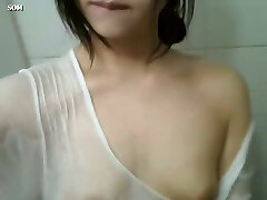 Cute Korean brunette damsel taped her own just perfect solo in the bathroom