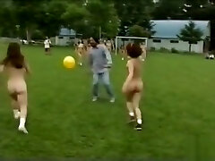 Naked Asian gals play soccer with the guys