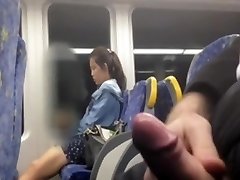 Asian girl looking at my jizz-shotgun at the bus