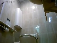 Asiatic gals spied in public rest room peeing