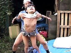Cockblowing japanese outdoors in threesome fucked