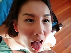 Asian chick deepthroat and a facial cumshot