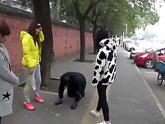 The victim was ridden outdoor and kneel down on the road while spanked