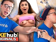 FAKEhub - Hot Indian British model licks the jizz of dorks glasses after he finishes off on his own face