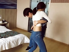 Japanese ballbust in tight jeans