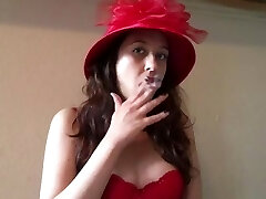 Sexy Goddess D Smoking VS 120 Vintage Style Crimson Hat and Hooter-sling Red Lipstick