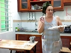 Ravioli Time! Naked Cooking. Regina Noir, a nudist cook at naturist hotel resort. Naked maid. Naked hou