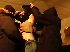 A group of hard hard-ons playing with a horny babe from France in the dungeon space
