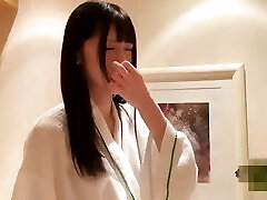 A spectacular Japanese hottie with long black hair gives a blowjob and then takes a creampie POV 2 uncensored