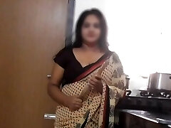 Indian Stepmom Disha Kitchen Striptease & Fucked by Son-in-law