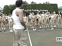 Subtitled Japanese nudist CMNF outside gang stretching