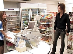 Beautiful Chinese shop clerk gets fucked by 3 customers during opening hours