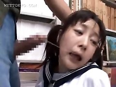 Dark-haired asian mouth fucked hard in school library