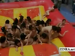 Subtitled huge group of Japanese nudists grease wrestling