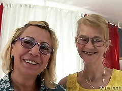 Light-haired grannies Milli and Beata finger and toy each other's shaved cunts