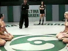 Four sexy chicks in bikini wrestle and finger pussies