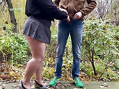 MILF's fresh blue underpants under a short skirt outdoors