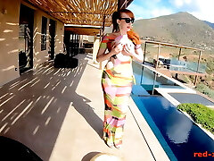 Ginger-haired MILF Red XXX masturbating outside by the pool 