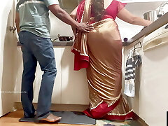 Indian Couple Romance in the Kitchen - Saree Sex - Saree lifted up and Ass Smacked