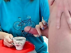 Aged lady handjob cum in coffee food fetish