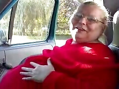 Filthy BBW grandma of my wife demonstrates off her flabby juggs in car