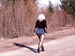 Jeans skirt and black pantyhose-Sexy walk big caboose