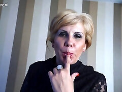 Blonde mature slut mom masturbating on the couch