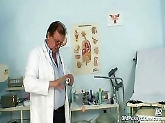 Older lady Mila visiting gyno doctor for pussy speculum examination on gynochair