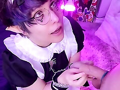 Charming femboy maid gives a blow-job without happy ending