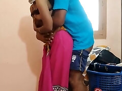 Cheating housewife surprised by to salesman pleased During Laundry