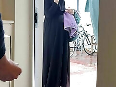 SCARED BUT CURIOUS! Muslim prego neighbour in niqab caught me masturbating off and asked me to let her touch my uncut beef whistle