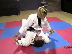 Gals wrestling in kimonos (pindown match)